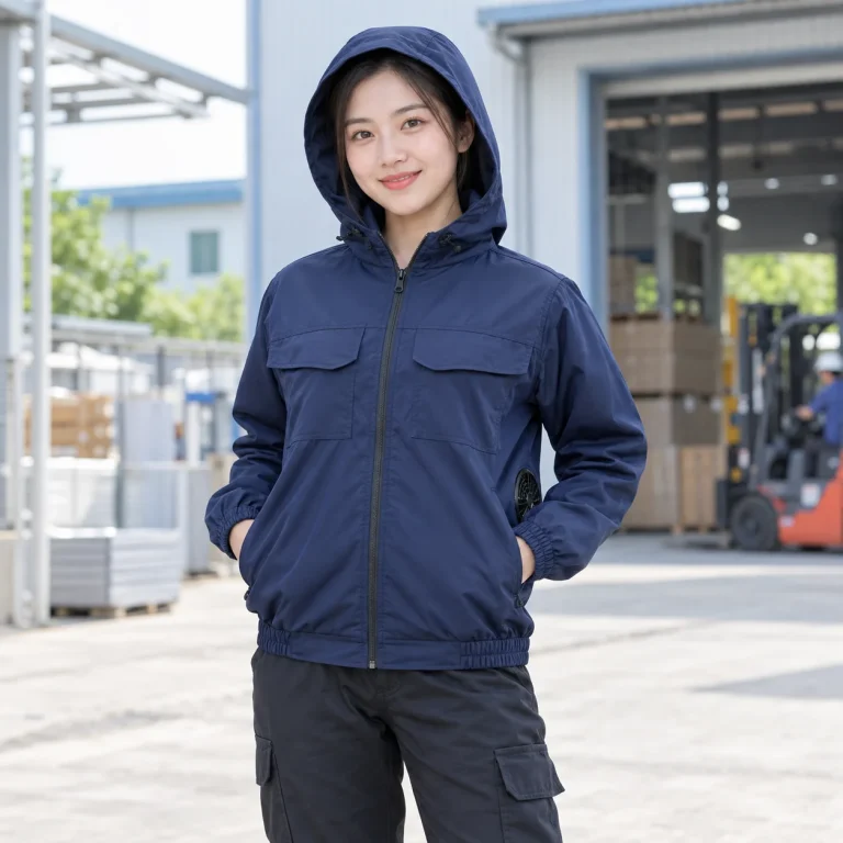 Áo điều hòa có mũ xanh navy polyester dài tay trên người mẫu Việt Nam