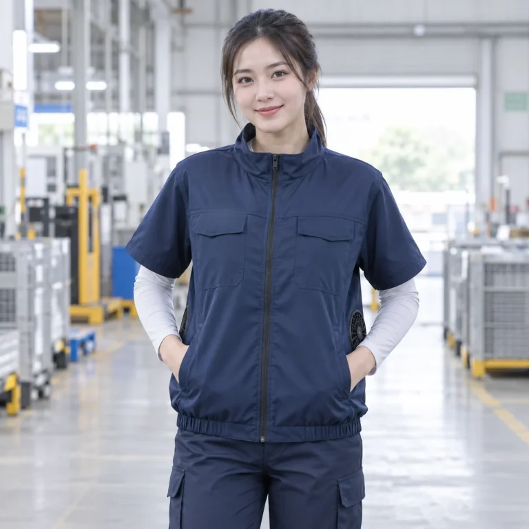 Áo điều hòa ngắn tay xanh navy polyester dài tay trên người mẫu Việt Nam