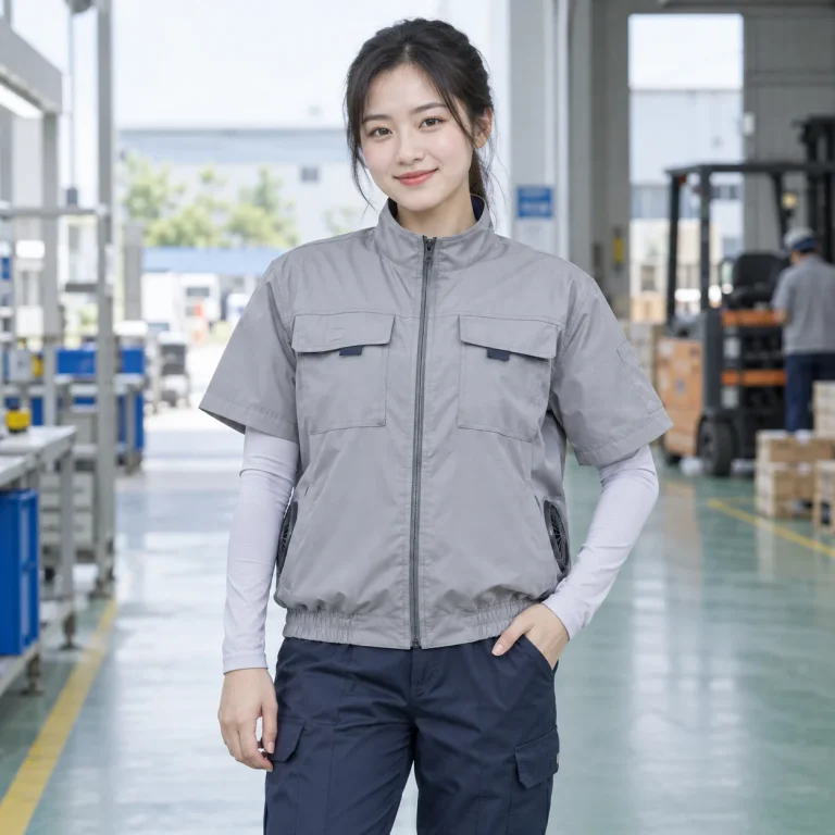 Áo điều hòa ngắn tay ghi xám polyester dài tay trên người mẫu Việt Nam