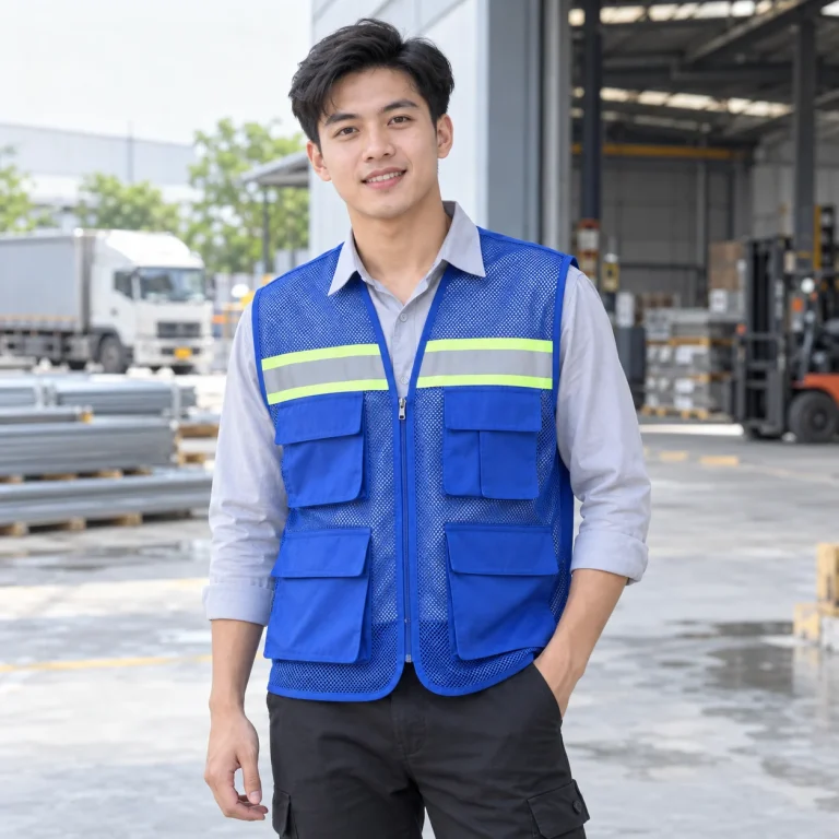 Áo gile phản quang túi hộp xanh dương lưới túi hộp trên người mẫu Việt Nam