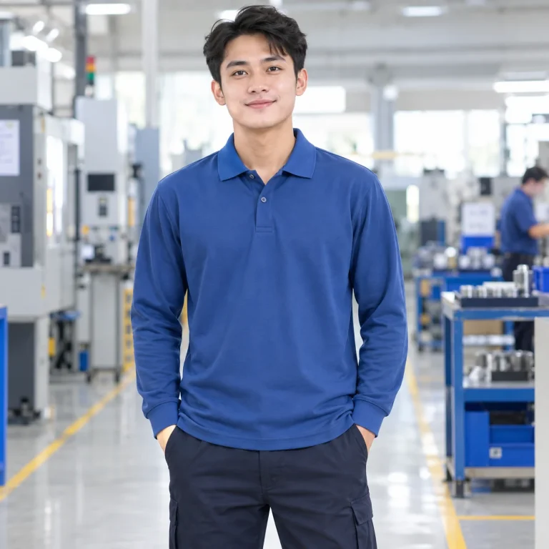 Áo thun đồng phục xanh dương kaki dài tay trên người mẫu Việt Nam