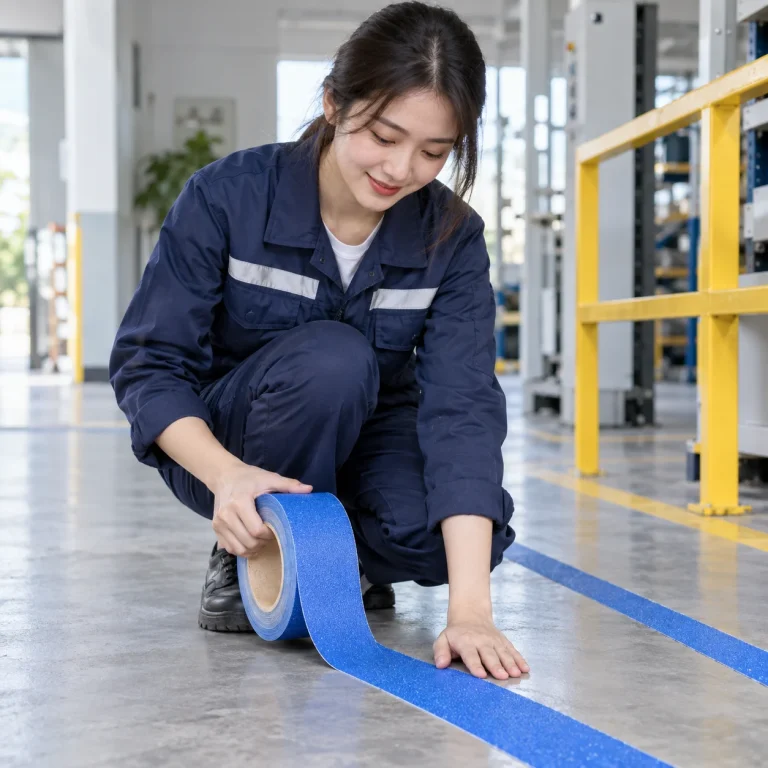 Băng cảnh báo xanh dương PVC chống trượt trên người mẫu Việt Nam