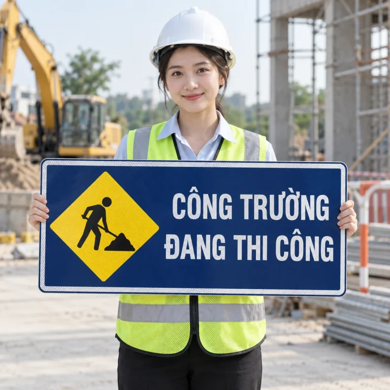Biển báo công trường xanh navy PVC phối phản quang trên người mẫu Việt Nam