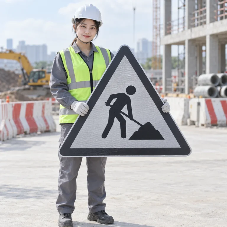 Biển báo công trường xám chì PVC phối phản quang trên người mẫu Việt Nam