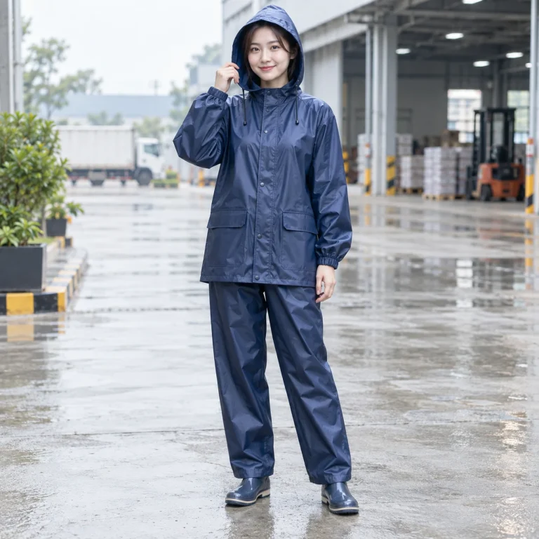 Bộ áo mưa bảo hộ xanh navy PVC dài tay trên người mẫu Việt Nam