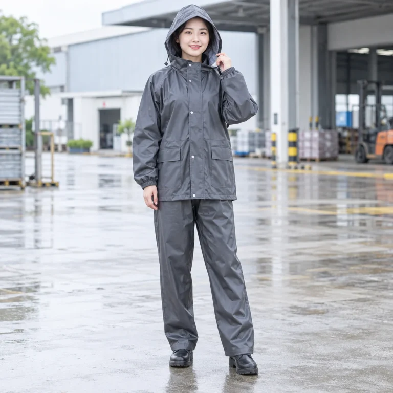 Bộ áo mưa bảo hộ xám chì PVC dài tay trên người mẫu Việt Nam
