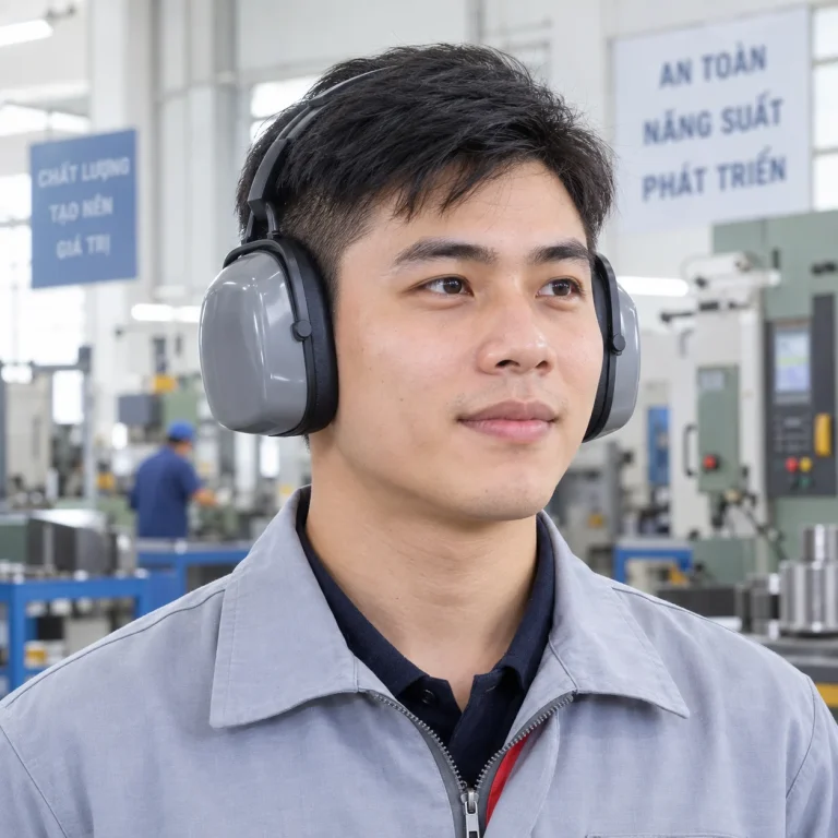 Chụp tai chống ồn ghi xám PU cổ thấp trên người mẫu Việt Nam