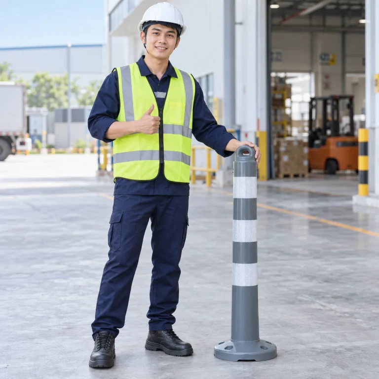 Cọc tiêu cảnh báo ghi xám PVC phối phản quang trên người mẫu Việt Nam