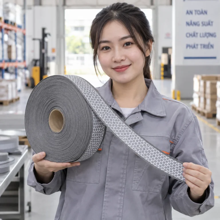 Dây phản quang ghi xám lưới túi hộp trên người mẫu Việt Nam