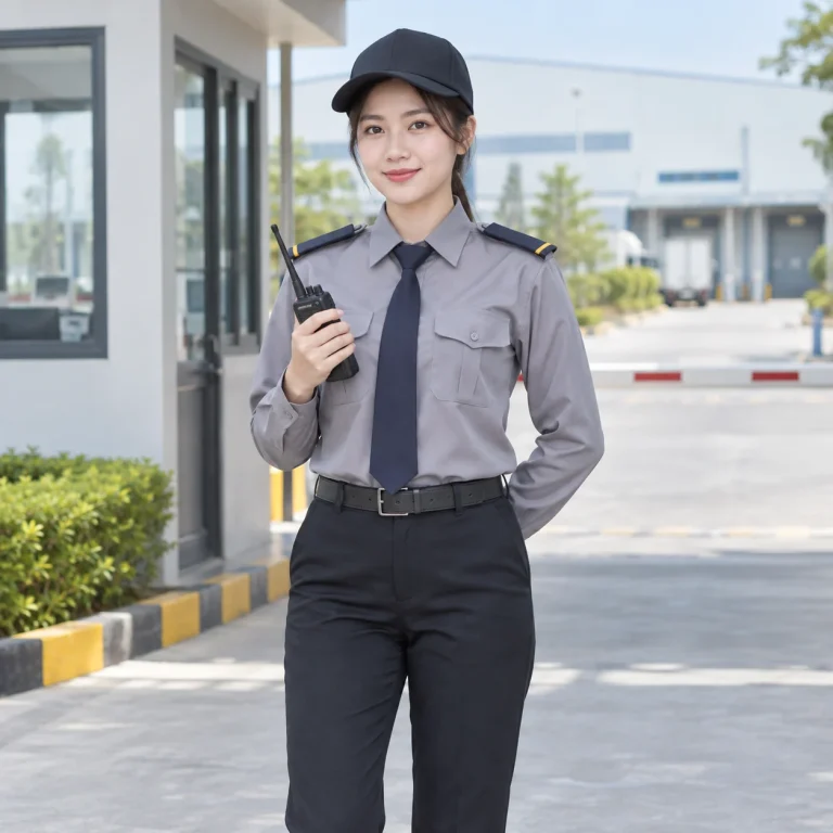 Đồng phục bảo vệ ghi xám kaki dài tay trên người mẫu Việt Nam