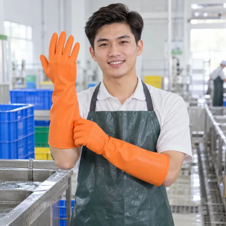 Găng tay cao su cam cao su cổ cao trên người mẫu Việt Nam