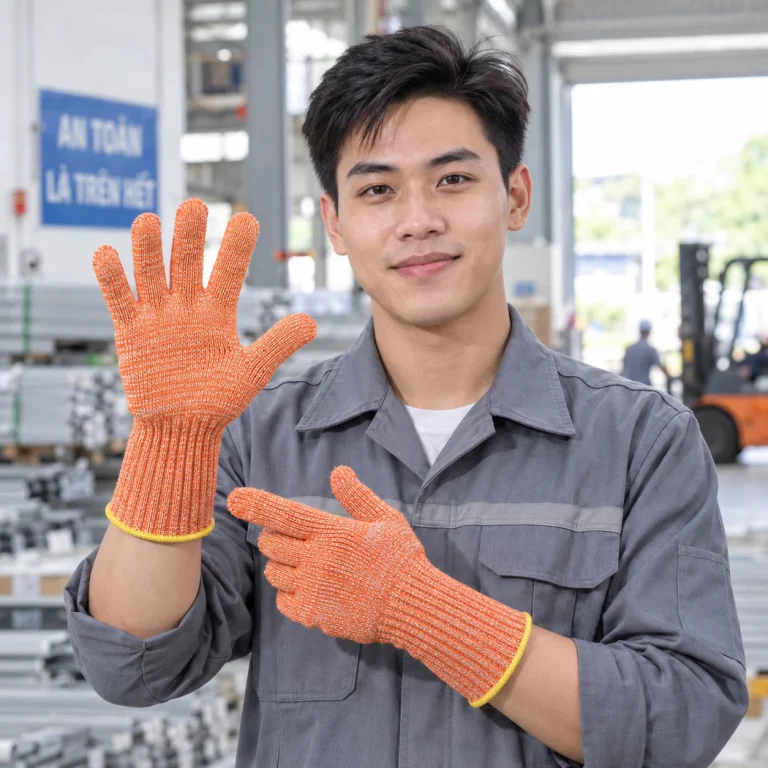 Găng tay sợi cam sợi dệt kim cổ cao trên người mẫu Việt Nam