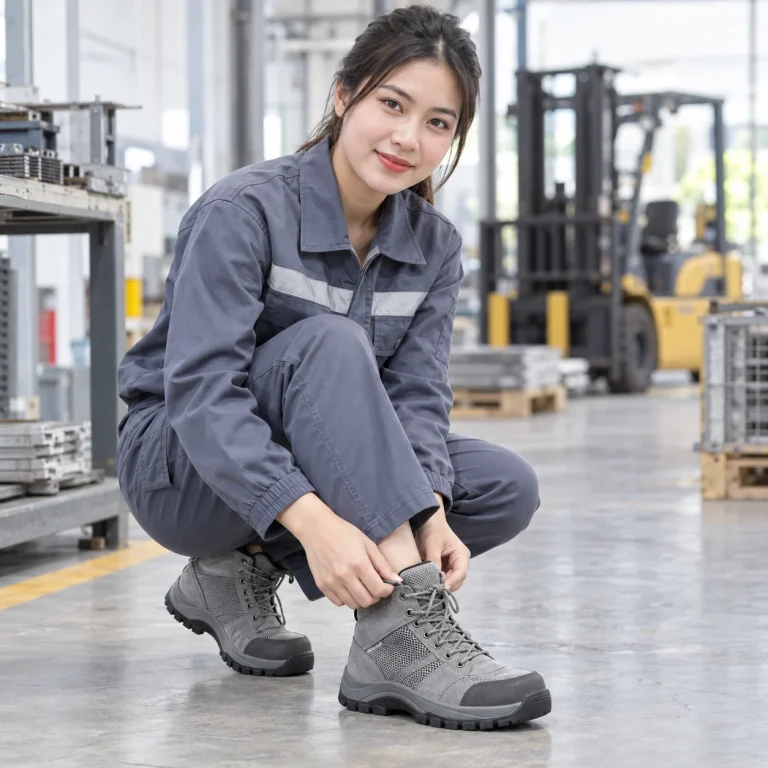 Giày bảo hộ thoáng khí ghi xám da cổ cao trên người mẫu Việt Nam