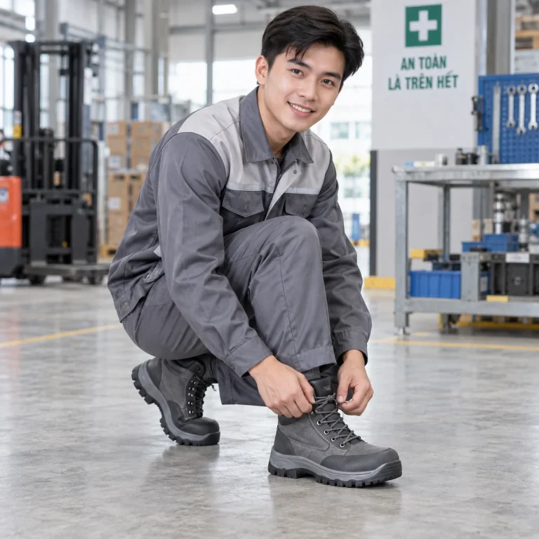 Giày chống trượt xám chì da cổ cao trên người mẫu Việt Nam