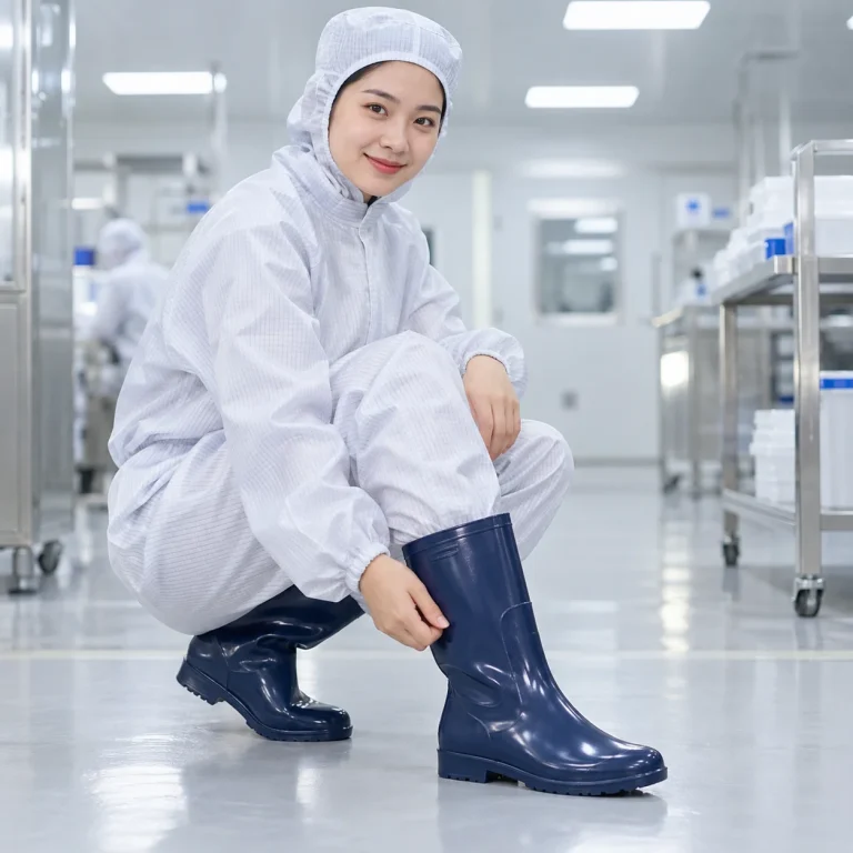 Giày dép phòng sạch xanh navy PVC cổ cao trên người mẫu Việt Nam