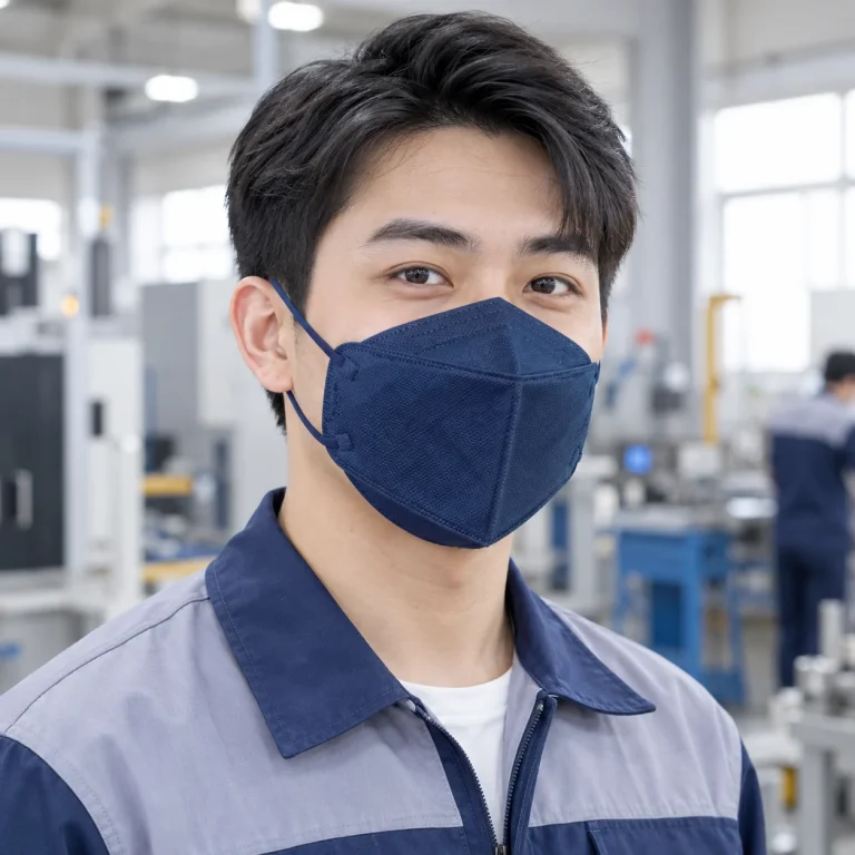 Khẩu trang bảo hộ xanh navy nitrile thoáng khí trên người mẫu Việt Nam