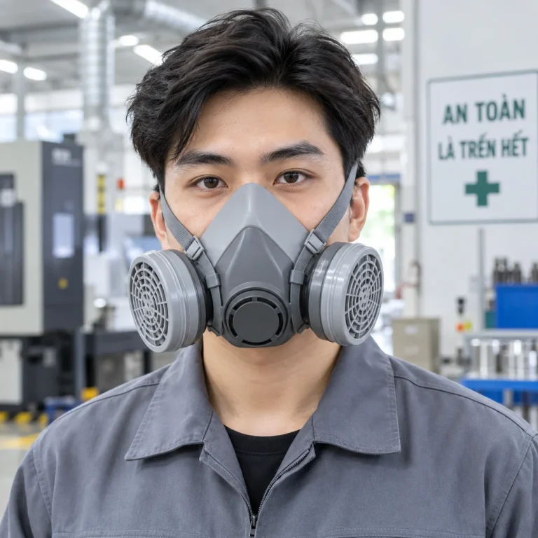 Mặt nạ lọc độc ghi xám nitrile thoáng khí trên người mẫu Việt Nam
