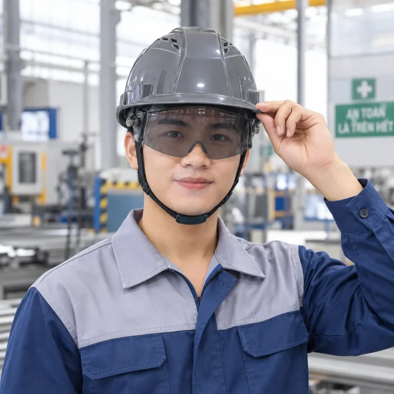 Mũ bảo hộ có kính xám chì polycarbonate thoáng khí trên người mẫu Việt Nam