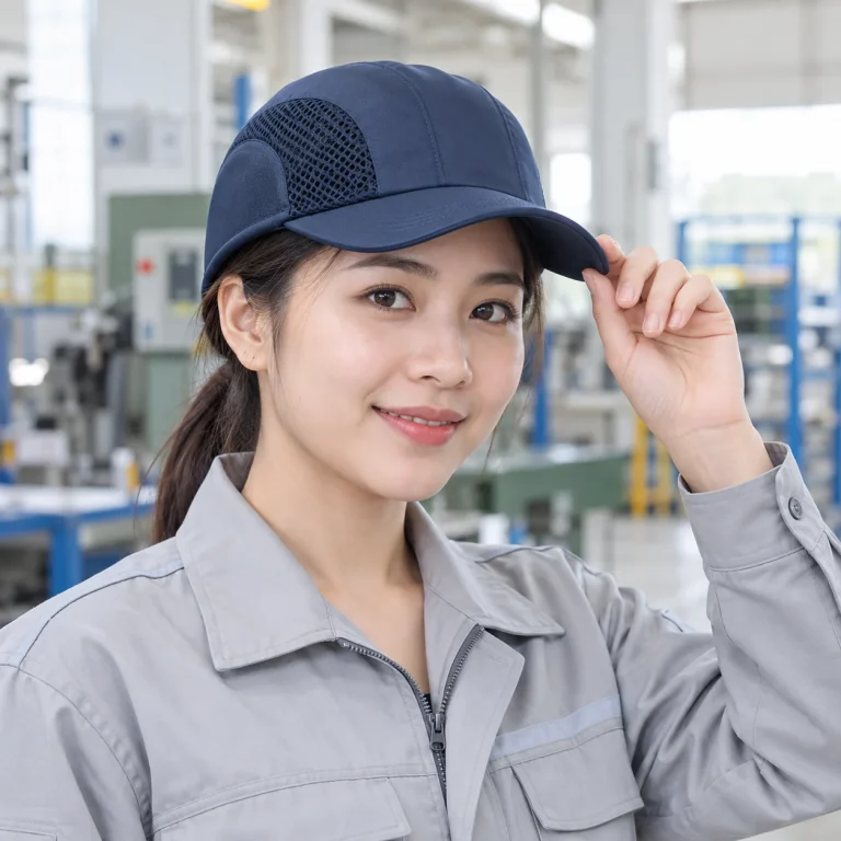 Mũ lưỡi trai bảo hộ xanh navy polycarbonate thoáng khí trên người mẫu Việt Nam