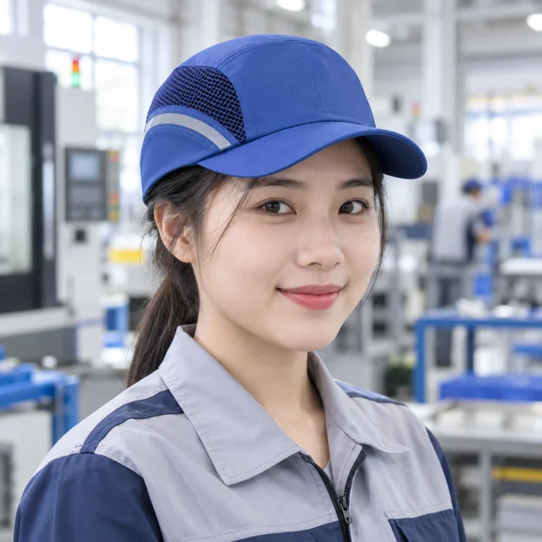 Mũ lưỡi trai bảo hộ xanh dương polycarbonate thoáng khí trên người mẫu Việt Nam