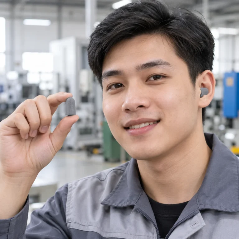 Nút tai chống ồn xám chì PU cổ thấp trên người mẫu Việt Nam
