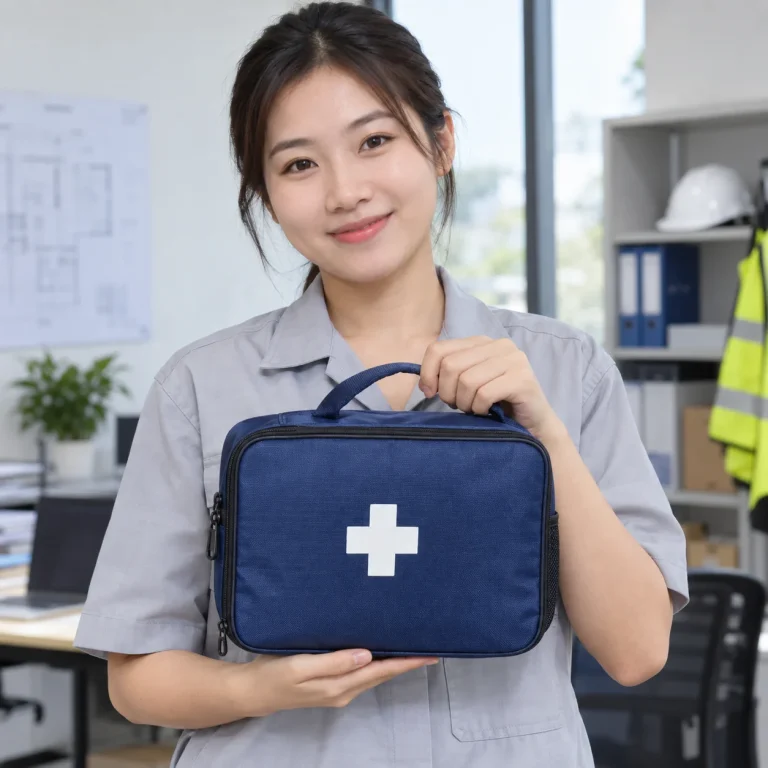 Túi sơ cứu xanh navy polyester chống trượt trên người mẫu Việt Nam