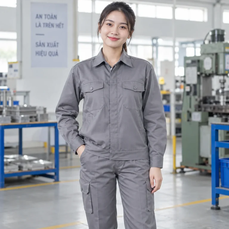 Vải may trang phục bảo hộ ghi xám kaki dài tay trên người mẫu Việt Nam
