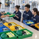 Công nhân nhận bộ PPE cá nhân trong các khay màu theo ca làm việc