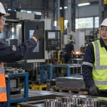 Hai công nhân mang đầy đủ PPE kiểm tra giao tiếp bằng tín hiệu tay trong xưởng